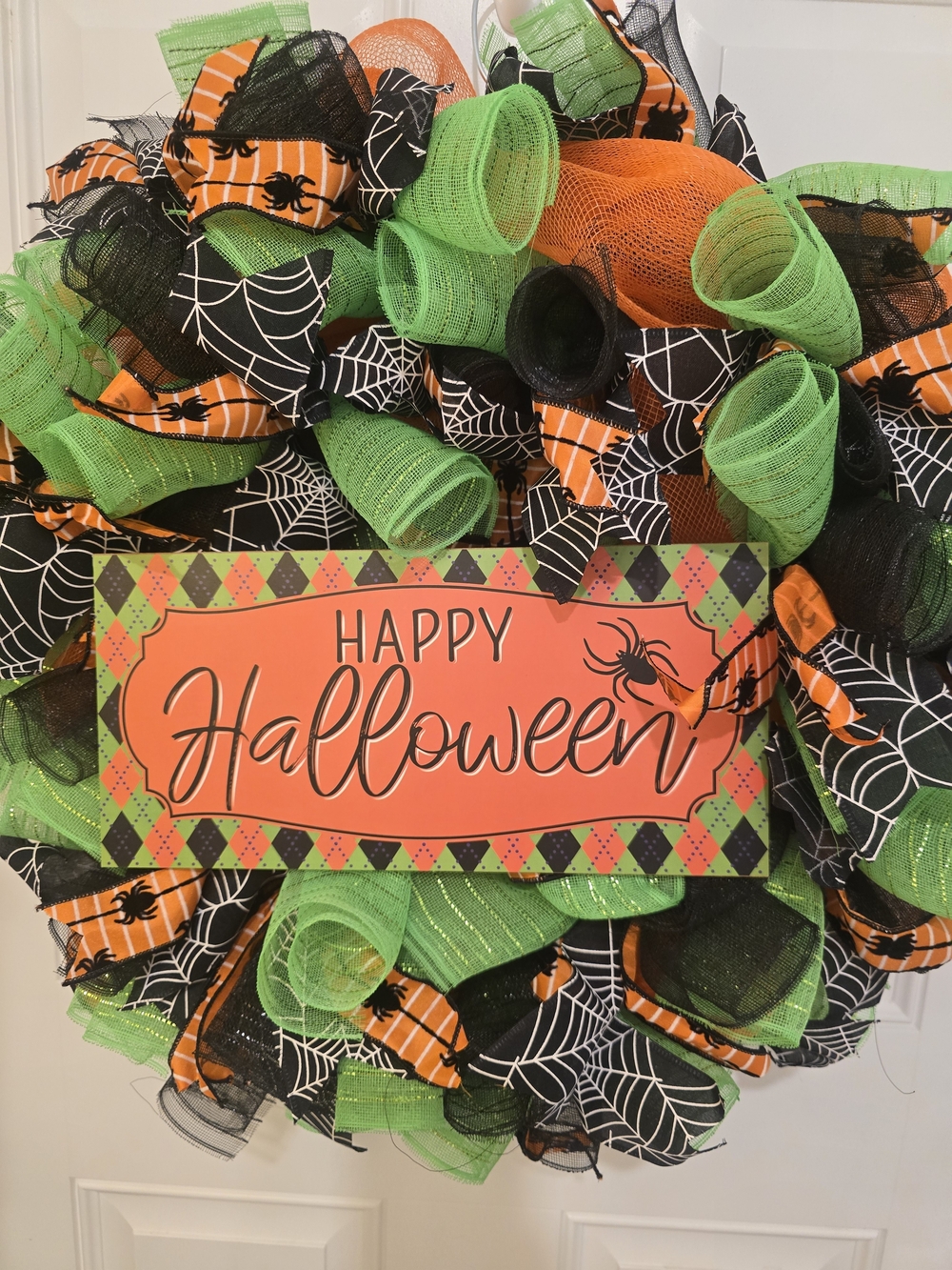 Happy Halloween Spider Web Deco Mesh Wreath - Orange & Green
